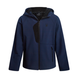 A blue softshell jacket with a hood, zippered front, and subtle black accent on the chest. The Spyder logo is visible on the chest.
