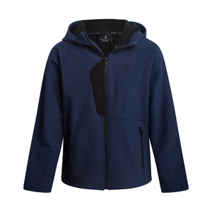 A blue softshell jacket with a hood, zippered front, and subtle black accent on the chest. The Spyder logo is visible on the chest.