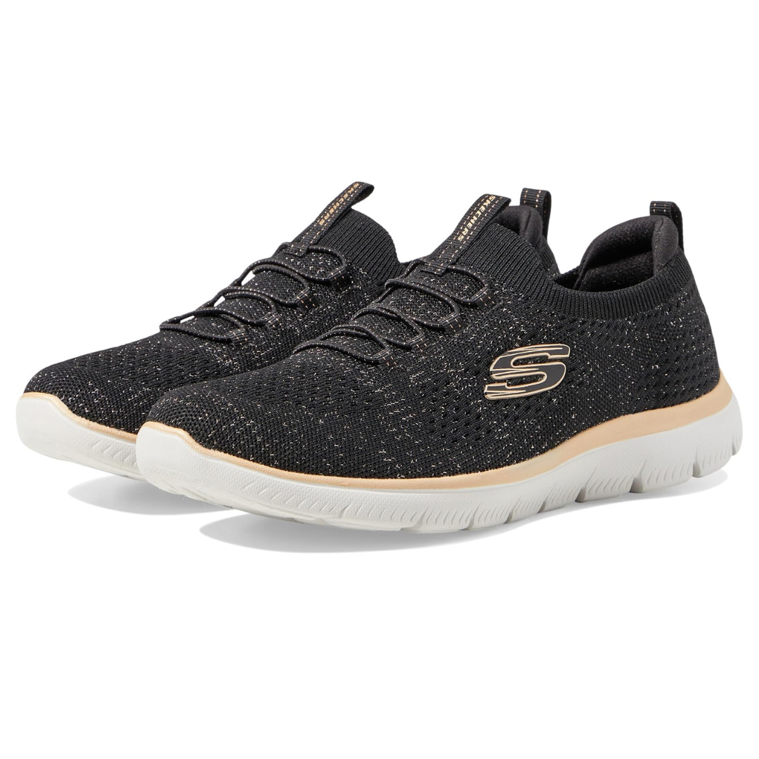 Black Skechers Summits Pixi Dust shoes with a speckled knit upper, white soles, and the Skechers logo on the side.