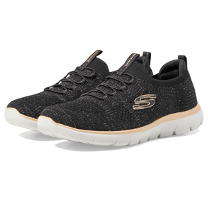 Black Skechers Summits Pixi Dust shoes with a speckled knit upper, white soles, and the Skechers logo on the side.