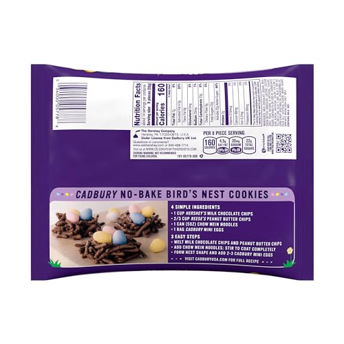 Cadbury No-Bake Bird's Nest Cookies packaging with a recipe that includes Cadbury Mini Eggs, chocolate chips, and chow mein noodles.