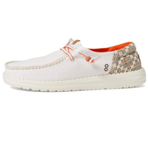 Hey Dude Wendy Funk Shoes feature a white upper with orange accents, woven heel detail, and a cushioned sole for comfort. They have coral-colored bungee laces and a colorful stitched logo, designed for casual style and ease of wear.