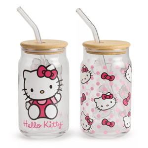 The 2pk Hello Kitty Glass Tumbler set features two glass tumblers with bamboo lids and glass straws. One tumbler showcases a large Hello Kitty design, while the other has a pattern of smaller Hello Kitty faces and pink dots.