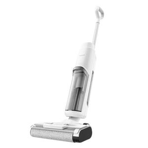 A sleek, white cordless wet/dry vacuum cleaner with an upright handle and a horizontal floor cleaning head, designed for versatile home cleaning tasks.