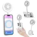 A compact, detachable fan with a flexible neck is shown attached to a smartphone via a magnetic holder. The design allows for easy adjustment and can be used as a stand to prop up the device.