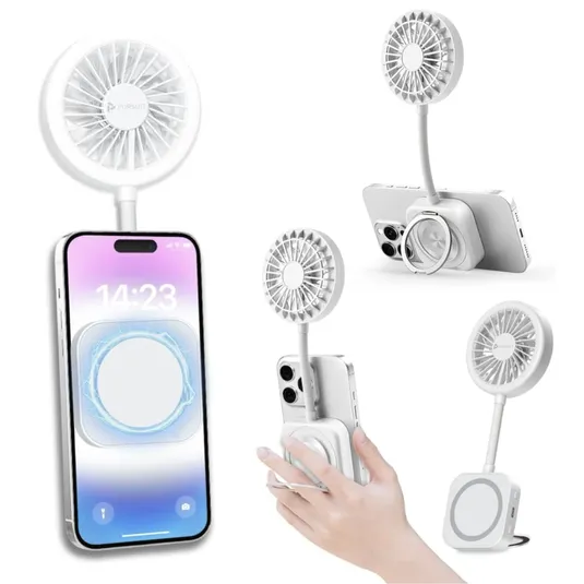A compact, detachable fan with a flexible neck is shown attached to a smartphone via a magnetic holder. The design allows for easy adjustment and can be used as a stand to prop up the device.