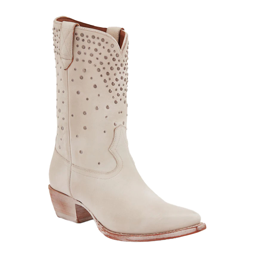 Frye Sacha Boots are stylish cream-colored leather boots with stud detailing along the upper section and a classic Western design, featuring a slightly pointed toe and a wooden block heel.