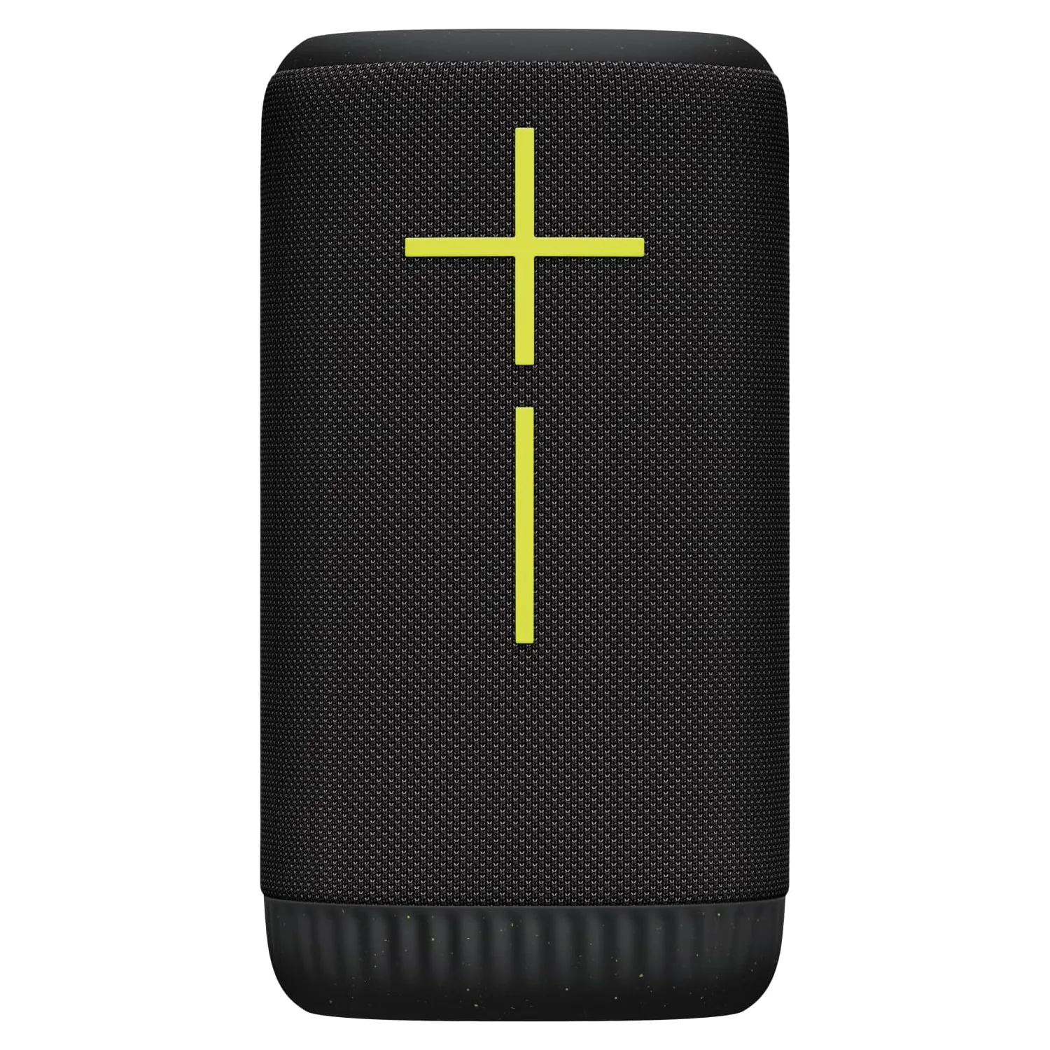UE Boom speaker features a cylindrical black design with bright yellow plus and minus volume buttons on the front for easy control. It is known for its 360-degree sound and portability.