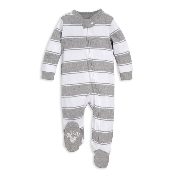 A gray and white striped baby sleeper with long sleeves and footies, featuring a zip-up front and a small bee design on the sole.