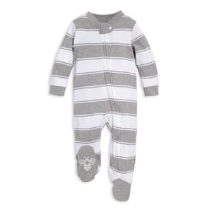 A gray and white striped baby sleeper with long sleeves and footies, featuring a zip-up front and a small bee design on the sole.