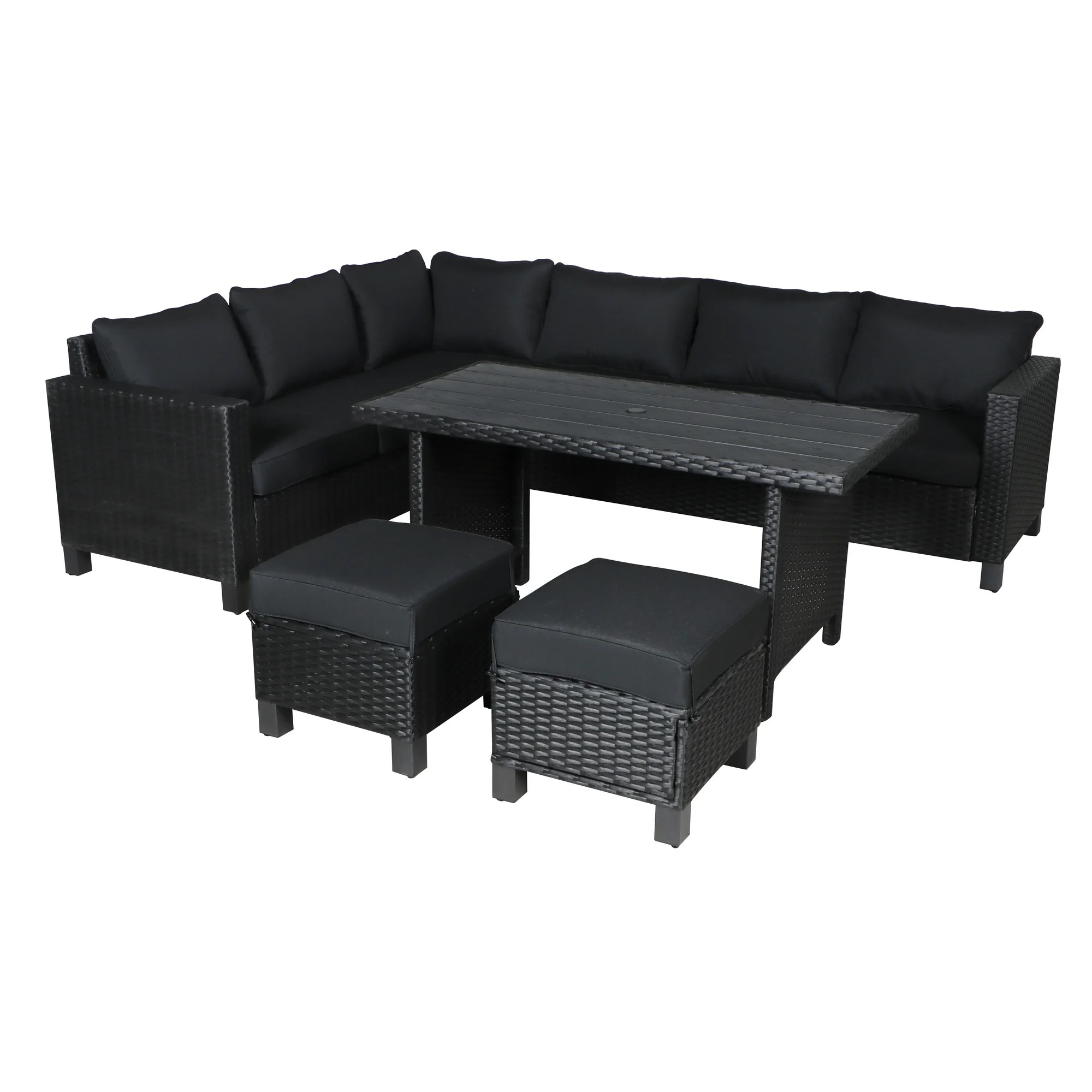 Black outdoor sectional with cushions, a matching table, and two ottomans, all featuring a wicker design.