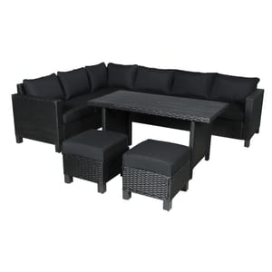 Black outdoor sectional with cushions, a matching table, and two ottomans, all featuring a wicker design.