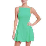 A sleeveless green dress with thin shoulder straps and a flared skirt, creating a simple and elegant style.