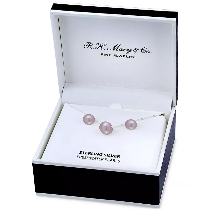 Sterling silver necklace with three pink freshwater pearls, displayed in a box labeled \“R.H. Macy & Co. Fine Jewelry.\“