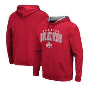 Red Ohio State Buckeyes hoodie featuring \“Ohio State Buckeyes\“ text and logo on the front, with a drawstring hood and front pocket.