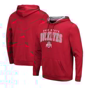 Red Ohio State Buckeyes hoodie featuring \“Ohio State Buckeyes\“ text and logo on the front, with a drawstring hood and front pocket.