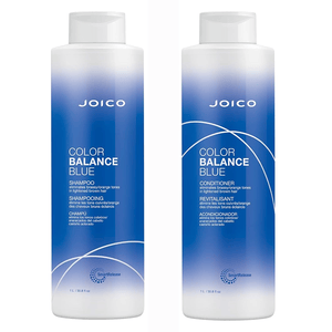 Two bottles of Joico Color Balance Blue shampoo and conditioner designed to eliminate brassy/orange tones in hair.