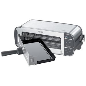 A Ninja rapid oven with digital controls, featuring functions for baking, broiling, reheating, toasting, and defrosting. A removable tray with a handle is partially inserted.