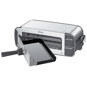 A Ninja rapid oven with digital controls, featuring functions for baking, broiling, reheating, toasting, and defrosting. A removable tray with a handle is partially inserted.
