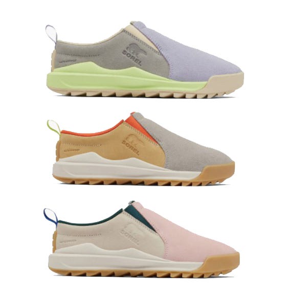 Three pairs of slip-on sneakers with different color combinations and thick soles.