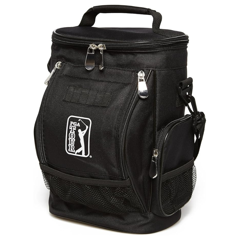 A black PGA TOUR insulated cooler bag with multiple zippered compartments, a mesh pocket, and top handle. It features the PGA TOUR logo on the front.