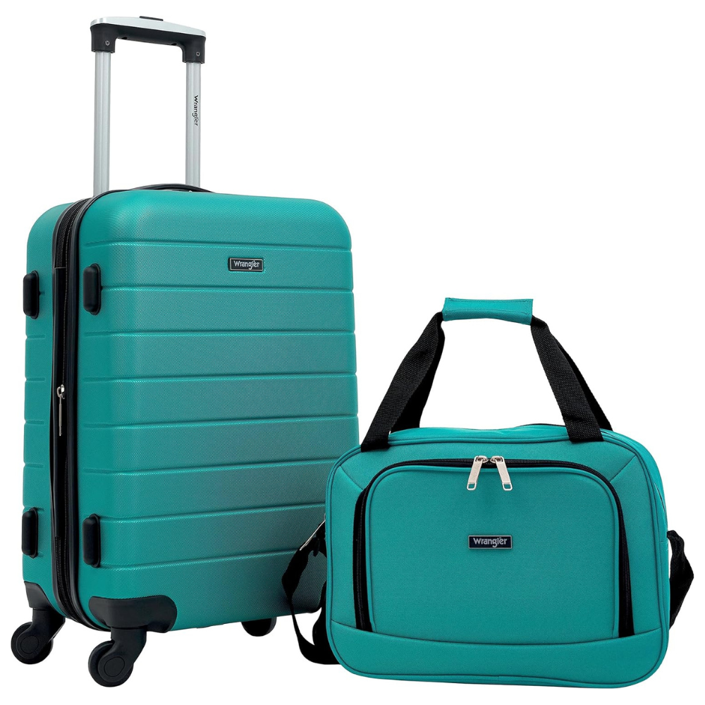 Teal luggage set including a hard-shell suitcase with wheels and a matching carry-on bag, both featuring the \“Wrangler\“ logo.
