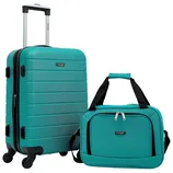 Teal luggage set including a hard-shell suitcase with wheels and a matching carry-on bag, both featuring the \“Wrangler\“ logo.