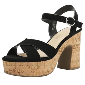 Black platform sandal with cork heel and criss-cross straps, featuring an adjustable ankle buckle.