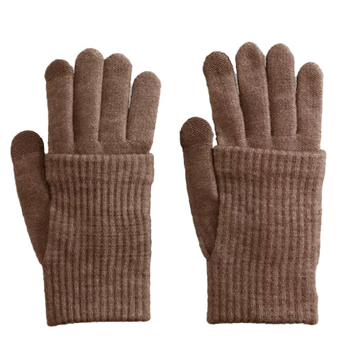 Two brown wool gloves with ribbed cuffs, designed for warmth.