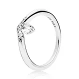 Silver ring with a pear-shaped stone and small pavé stones set into one side of the band, stamped with \“S925 ALE\“ inside.