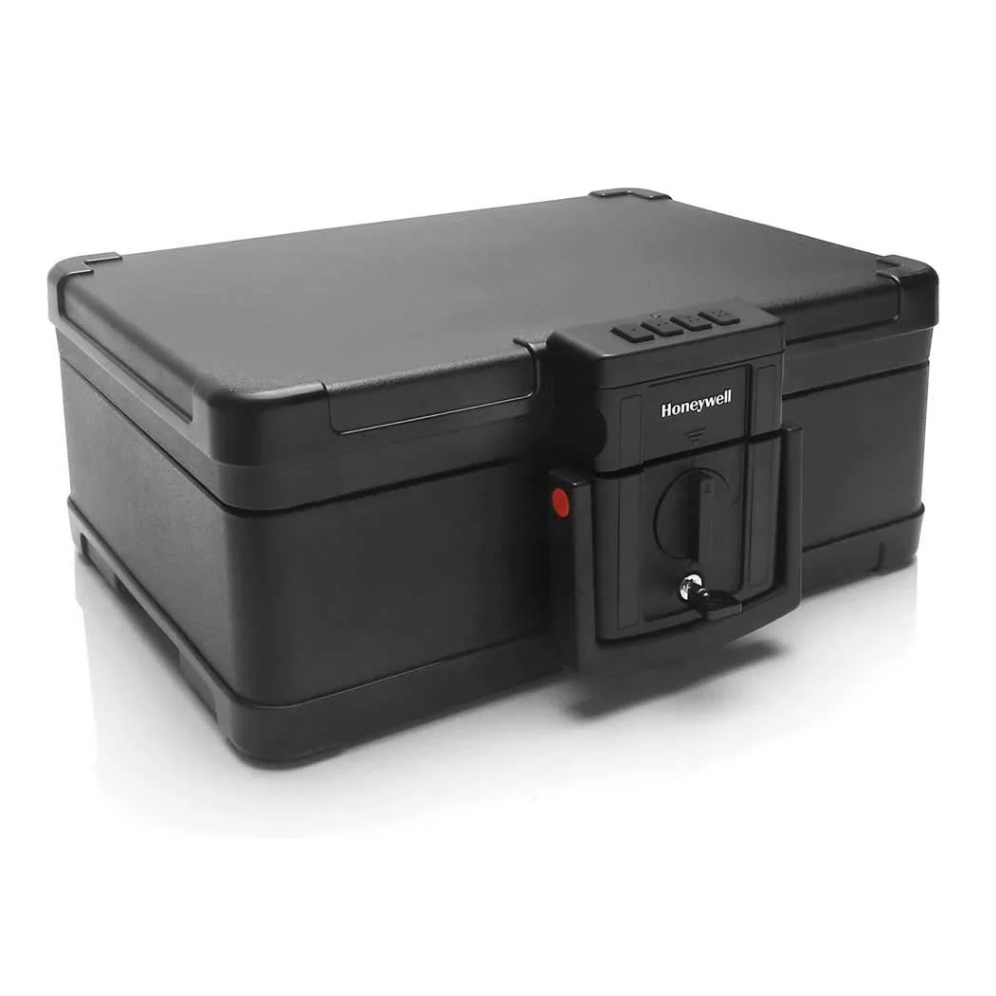 A black Honeywell fire and waterproof safe with a secure locking mechanism, combination lock, and key lock, designed for protecting documents and valuables.