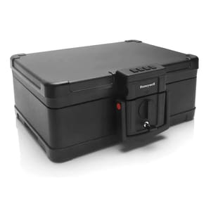 A black Honeywell fire and waterproof safe with a secure locking mechanism, combination lock, and key lock, designed for protecting documents and valuables.