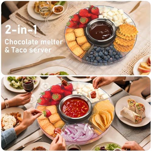 2-in-1 chocolate melter and taco server featuring a divided tray with strawberries, cubes, wafers, blueberries, and chocolate sauce for desserts, and a separate setup with vegetables, chips, and salsa for tacos.
