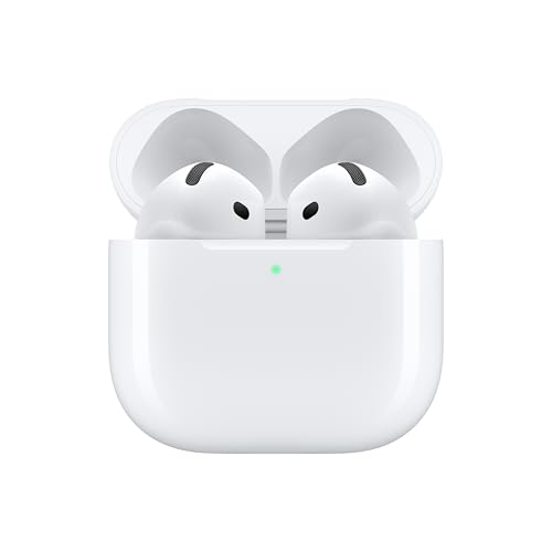 White wireless earbuds with a matching charging case, featuring a small LED indicator on the front of the case.