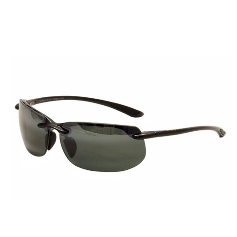 A pair of wraparound sunglasses with dark tinted lenses and a sleek black frame.