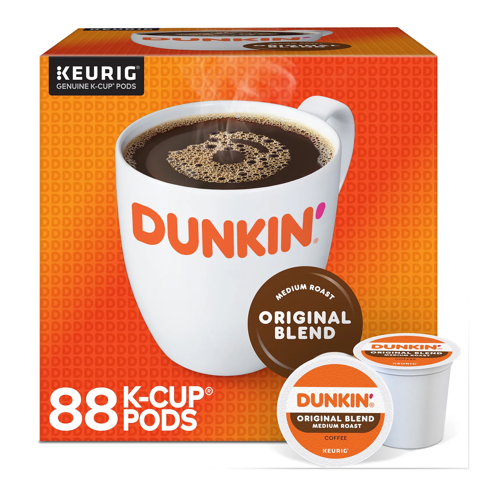 Dunkin' Original Blend K-Cups, 88-count, for Keurig brewers, feature a medium roast coffee. The packaging is orange with a white Dunkin' logo, showing a coffee cup filled with dark coffee.