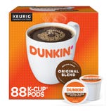 Dunkin' Original Blend K-Cups, 88-count, for Keurig brewers, feature a medium roast coffee. The packaging is orange with a white Dunkin' logo, showing a coffee cup filled with dark coffee.