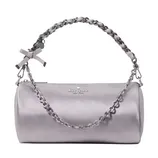A metallic silver Kate Spade New York barrel bag featuring a chain strap and a small bow accent.