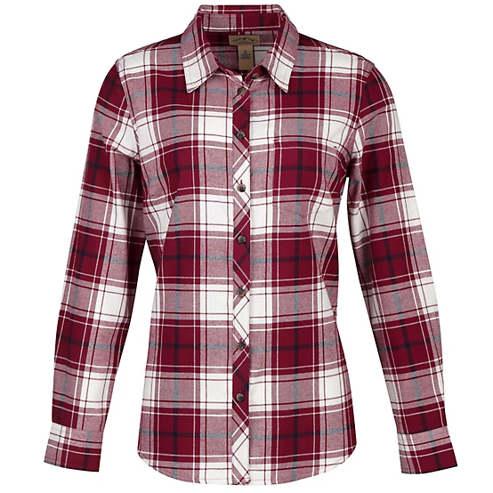 A long-sleeve, collared button-up shirt with a maroon and white plaid pattern.