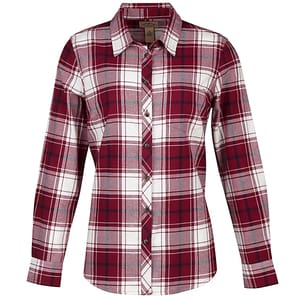 A long-sleeve, collared button-up shirt with a maroon and white plaid pattern.