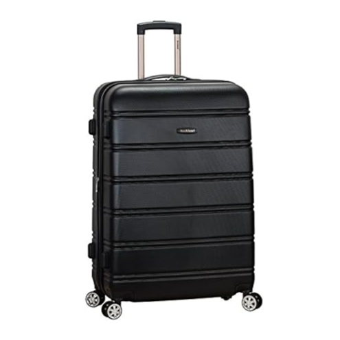 A black hard-shell suitcase with four spinner wheels and a retractable handle, featuring a textured surface and horizontal ridges.
