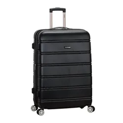 A black hard-shell suitcase with four spinner wheels and a retractable handle, featuring a textured surface and horizontal ridges.
