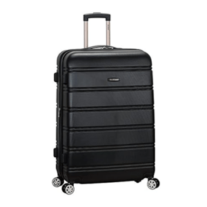 A black hard-shell suitcase with four spinner wheels and a retractable handle, featuring a textured surface and horizontal ridges.