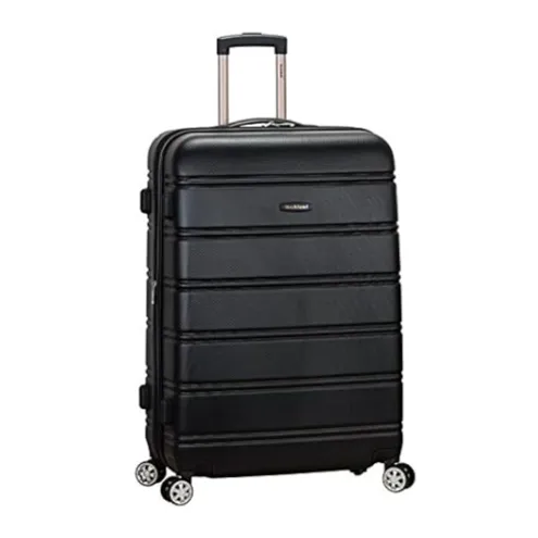 A black hard-shell suitcase with four spinner wheels and a retractable handle, featuring a textured surface and horizontal ridges.