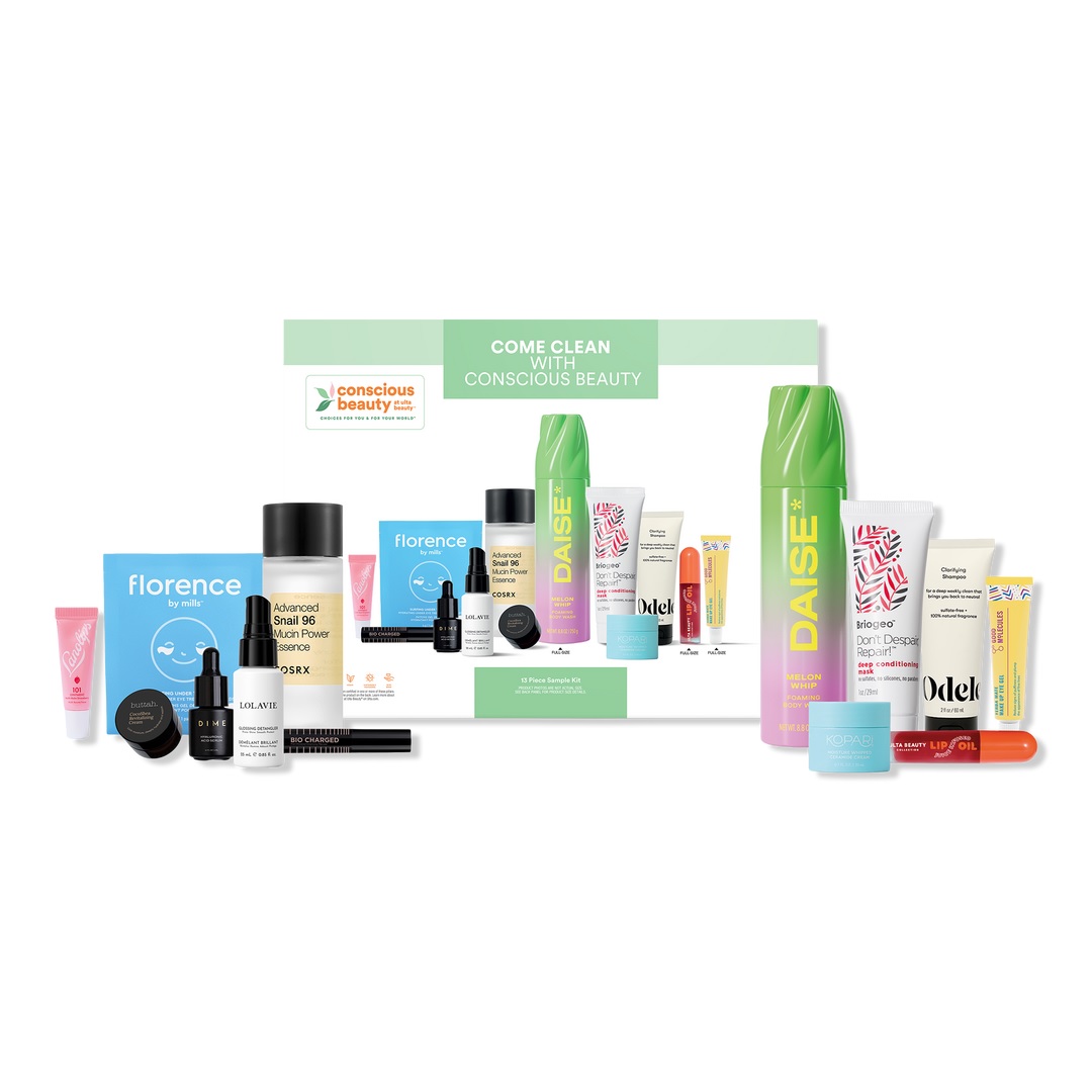 A beauty kit labeled \“Come Clean with Conscious Beauty\“ featuring a variety of products including Florence by Mills, COSRX, Daise, Briogeo, Odele, Kopari, and others.