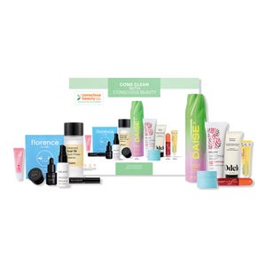 A beauty kit labeled \“Come Clean with Conscious Beauty\“ featuring a variety of products including Florence by Mills, COSRX, Daise, Briogeo, Odele, Kopari, and others.