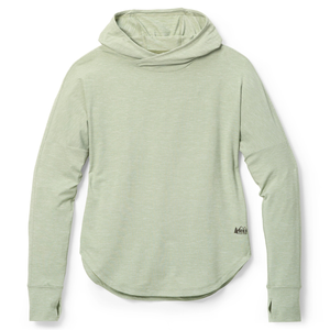 Light green, long-sleeve hoodie with thumbholes and a curved hem, featuring the REI Co-op logo at the bottom corner.
