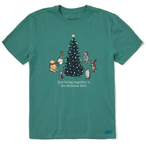 Green men's T-shirt featuring Winnie the Pooh characters around a decorated Christmas tree with the text \“Just being together is the Greatest Gift.\“