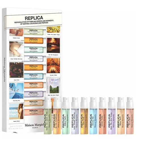 Maison Margiela REPLICA perfume set with 10 miniature spray bottles, each representing a unique scent inspired by different memories and locations.