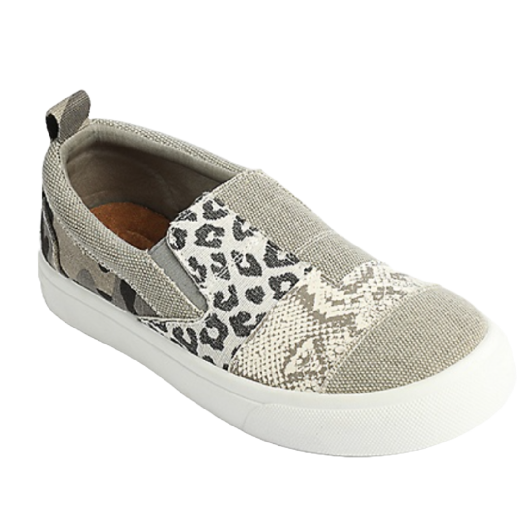 Kate Animal Patchwork Sneakers are slip-on shoes featuring a mix of grey and animal print patterns with a white rubber sole. They have elastic side panels and a pull tab at the heel for easy wear.
